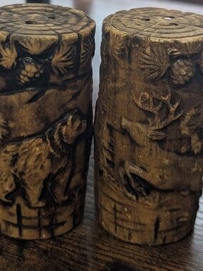 Vintage Rustic Woodland Salt&Pepper Shakers Set Cabin Lodge Bear Deer Tree Wood